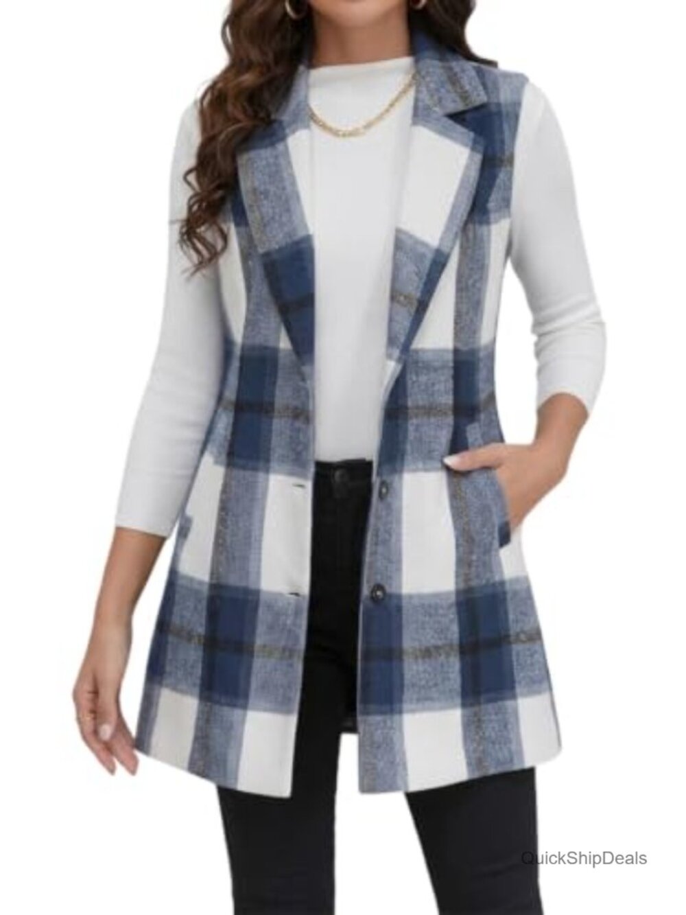 Sleeveless Plaid Vest Blazer Jacket Tweed Cardigan